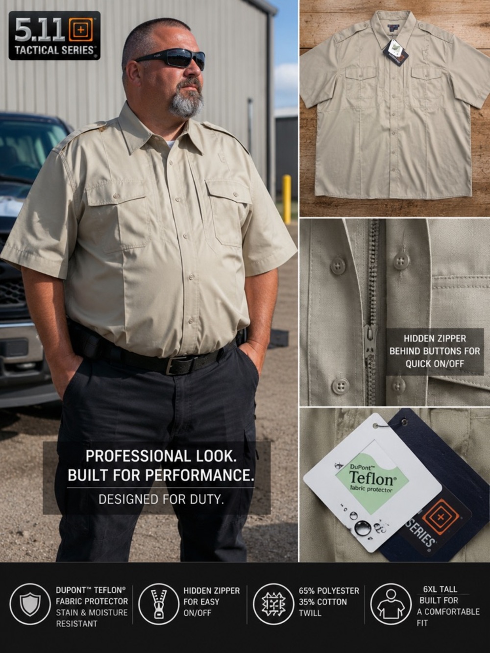5.11 Tactical Patrol Duty Uniform Shirt 6XL Tall NWT Silver Tan Teflon 71177